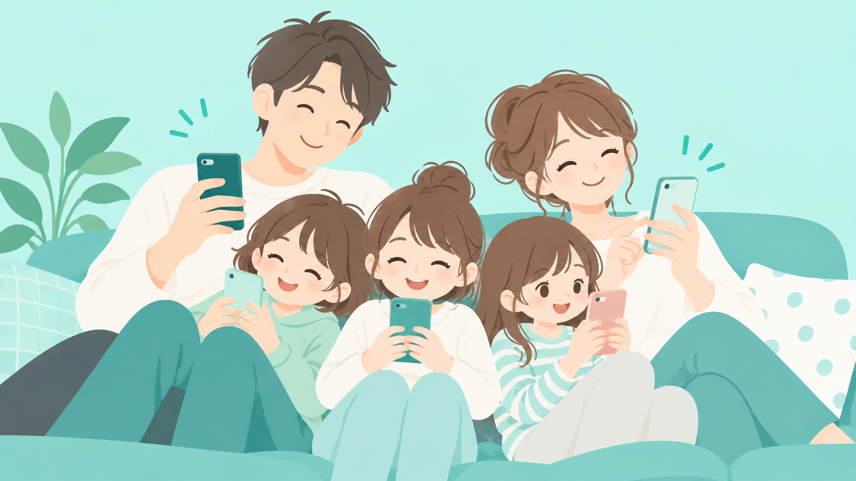 携帯代の見直しをした、ソファで、それぞれスマホを持って笑顔でくつろぐ5人家族のイラスト