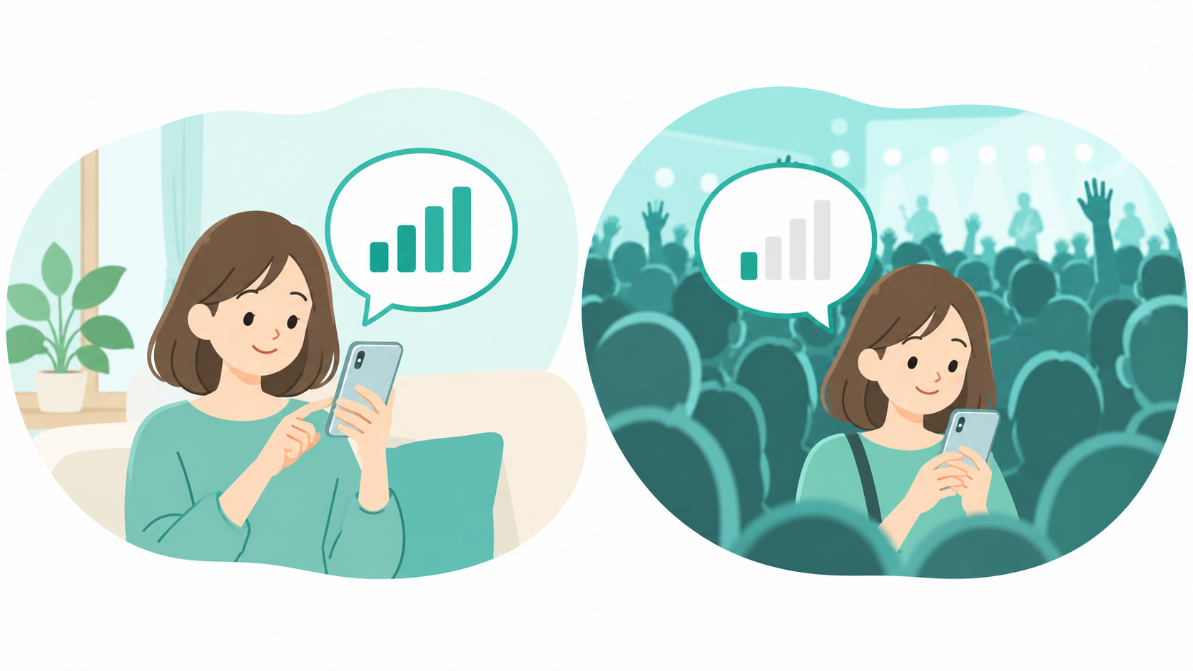 格安SIMは遅いのか、をイメージした、自宅では電波が強く、ライブ会場では電波が弱くなる様子のイラスト