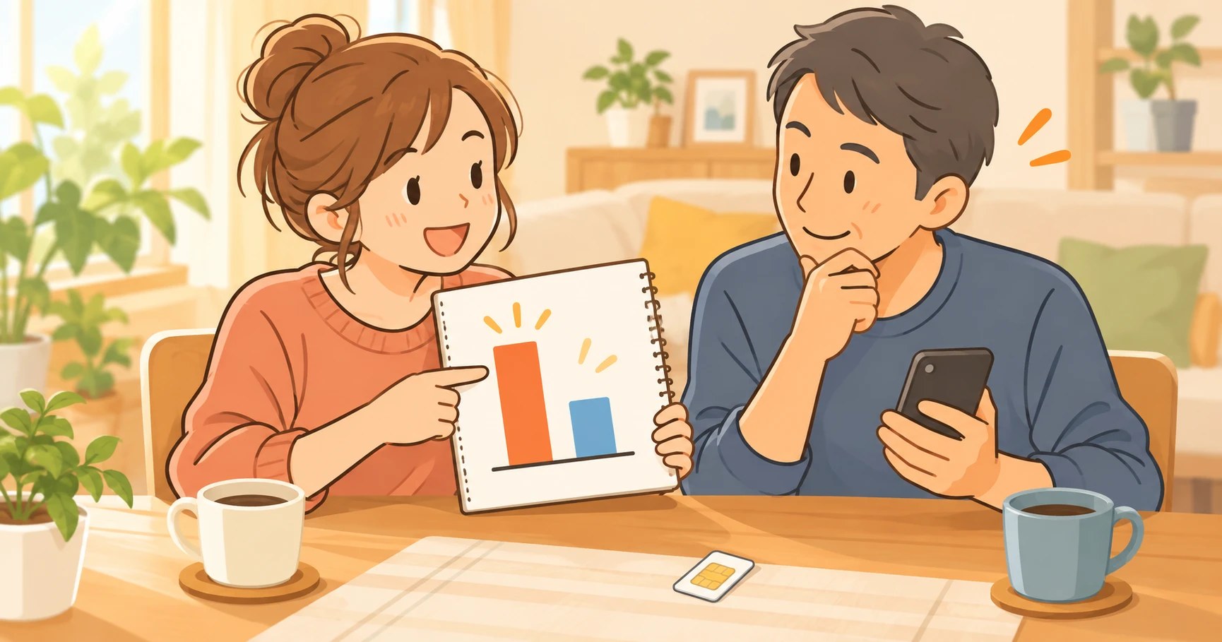 ドコモからマイネオへの乗り換えで安くなる料金を、リビングでお母さんが比較グラフを見せながら、スマホを持つお父さんに説明しているイラスト