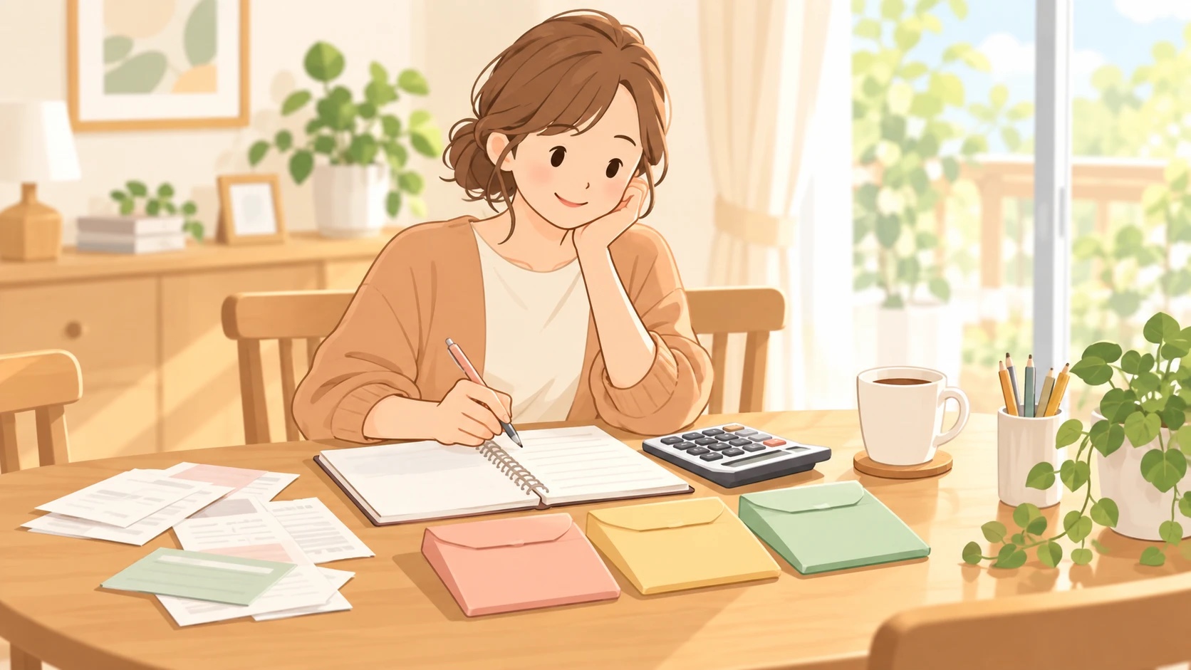 ダイニングテーブルで、お母さんがノートに記入しながら、3つの色分けした封筒を前に家計を整理しているイラスト
