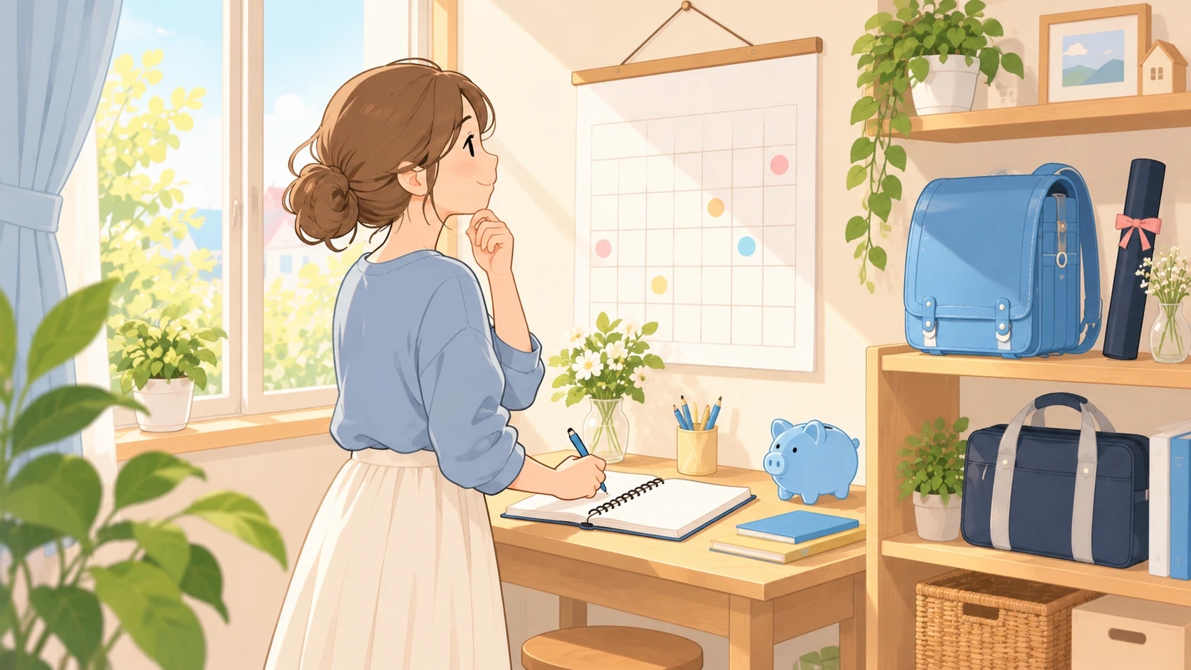 リビングで、お母さんがカレンダーを見ながらノートに予定を書き込んでいる、ランドセルや貯金箱のあるイラスト