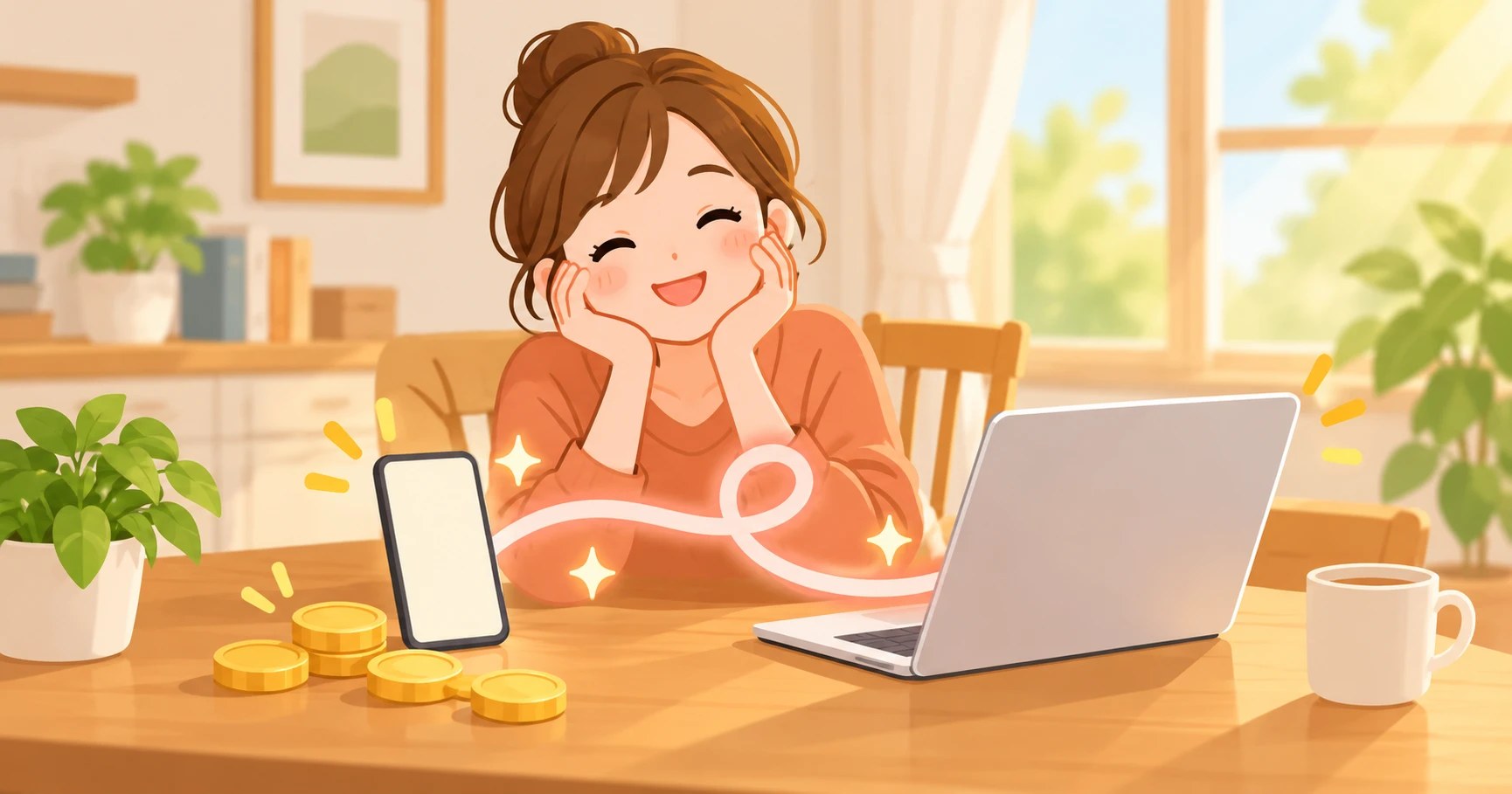 eo光×マイネオのセット割をイメージした、スマホとパソコンがやわらかい線でつながる図と、笑顔のお母さんのイラスト