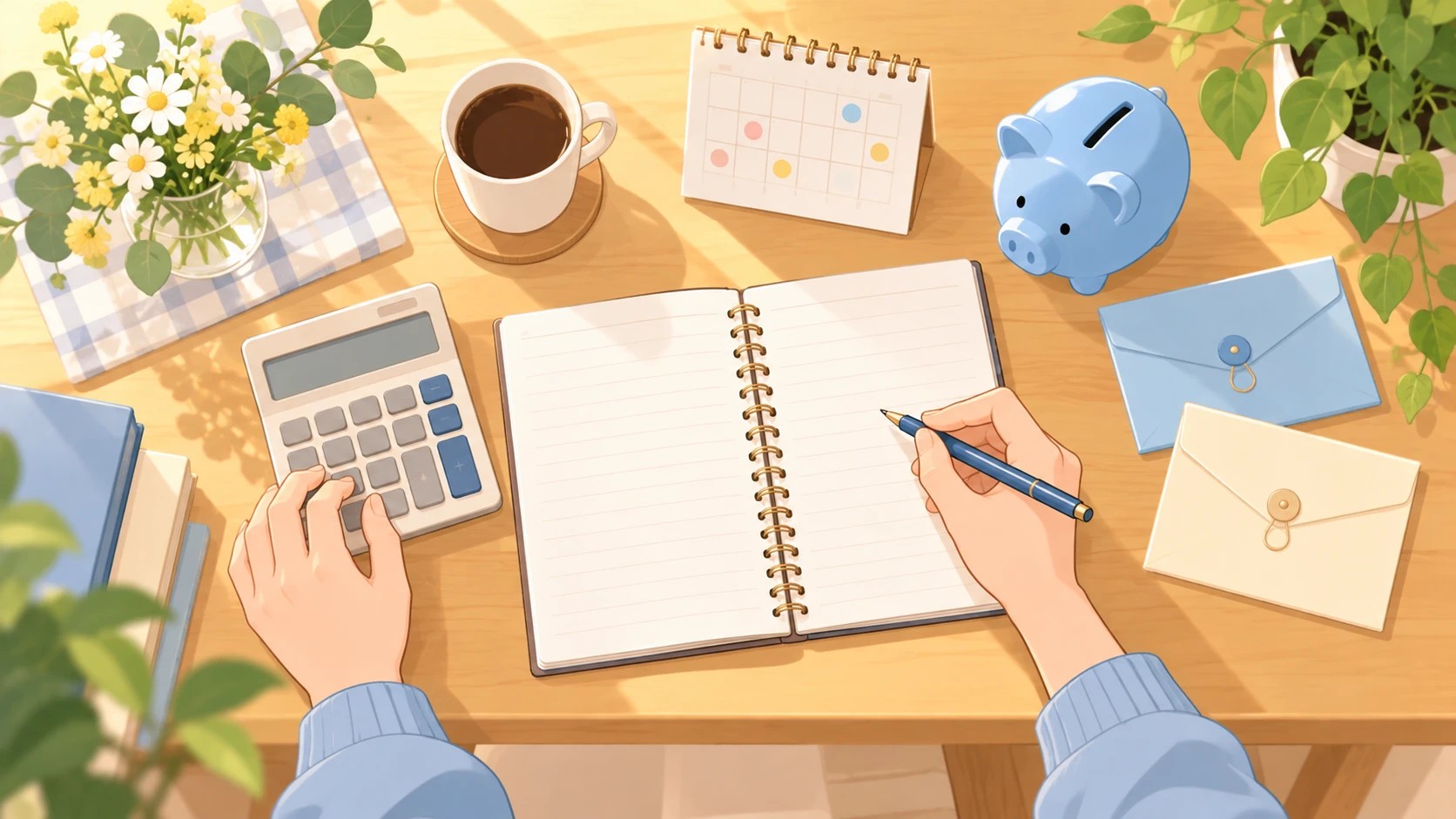 学資保険の解約を考える、ノートに書き込みながら電卓を使う手元と、貯金箱や封筒を上から見たイラスト