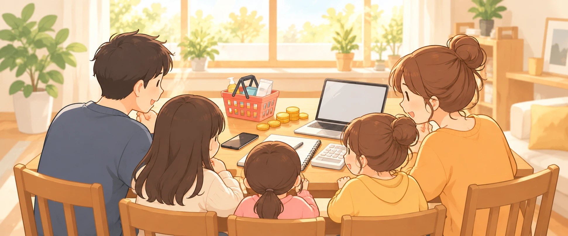 ダイニングテーブルを囲んで、家計について話し合う5人家族のうしろ姿のイラスト