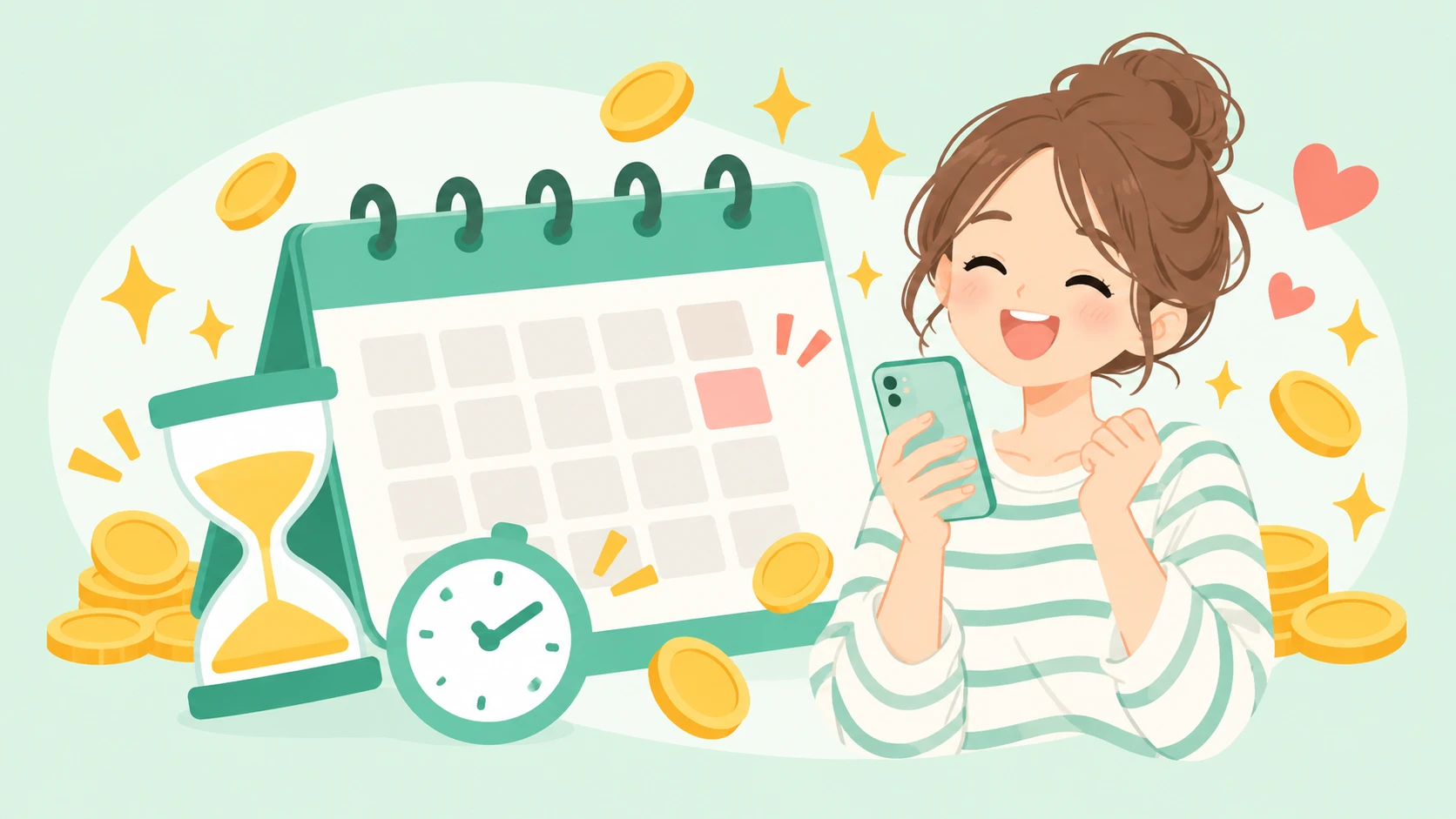 マイネオのキャンペーンを表す、期間限定のキャンペーンにスマホを手に笑顔で喜ぶ女性と、カレンダー・砂時計のイラスト