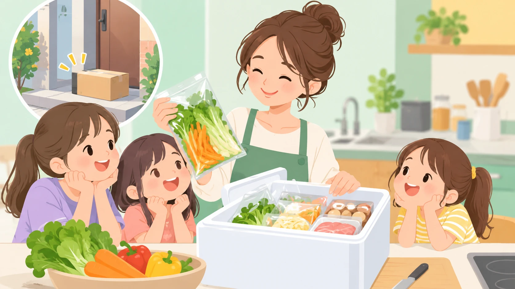 ヨシケイの評判をイメージした、キッチンで届いた食材を前に、笑顔の母と子どもたちが夕食づくりを楽しみにしているイラスト