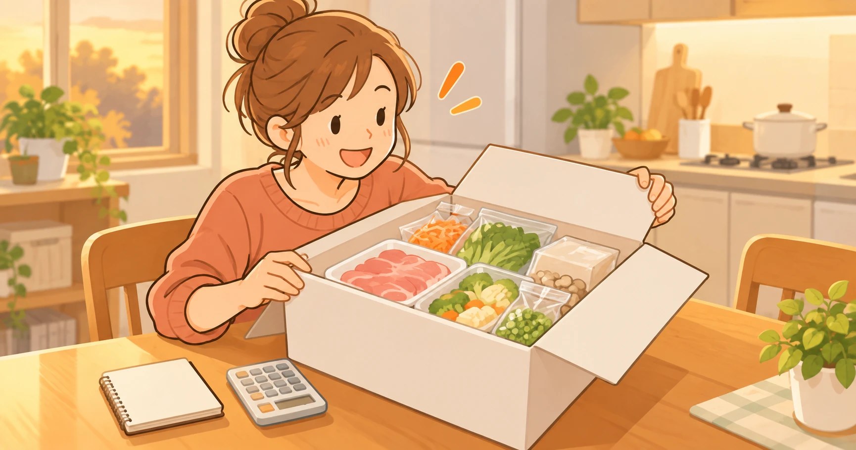 ヨシケイのお試し5daysのイメージ。キッチンのテーブルで、お母さんが夕食の食材が入った箱を笑顔で開けているイラスト